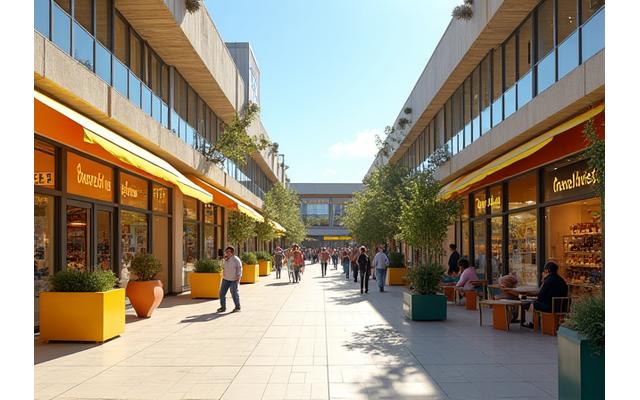 Modern open-air retail complex with many shops