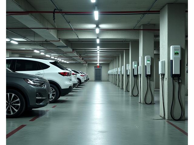 Underground parking garage of a modern apartment complex with multiple EV chargers for residents