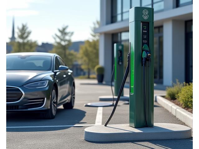Small business parking lot with two modern commercial EV charging pedestals