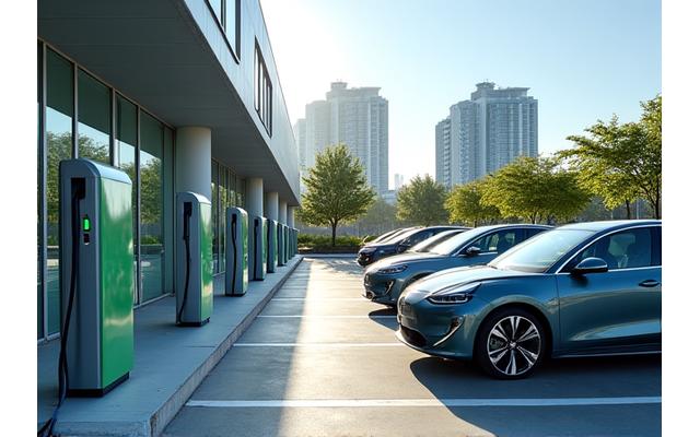 Commercial office building parking lot with multiple EV charging stations clearly visible