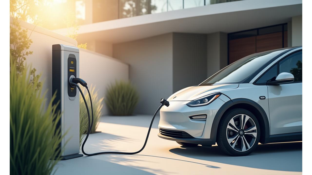 Modern electric vehicle parked at a home charging station, with charging cable neatly connected, showcasing convenience and accessibility