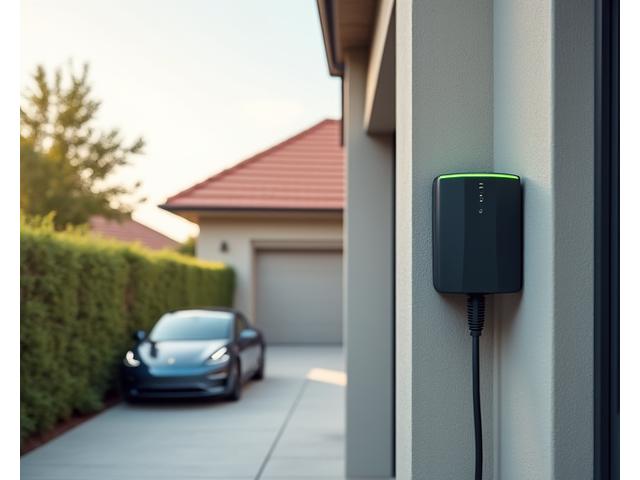 Residential home with a sleek, wall-mounted EV charger, car parked nearby