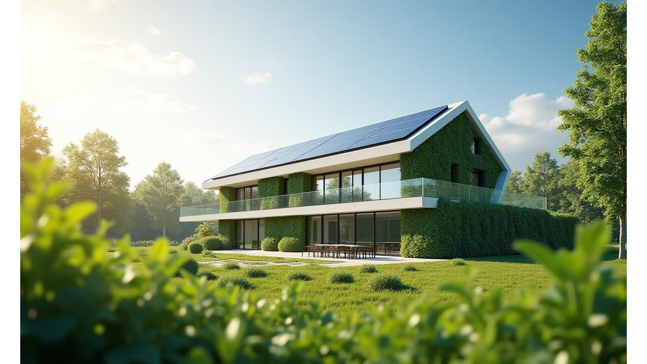 Modern building with solar panels and lush green surroundings, symbolizing sustainable construction