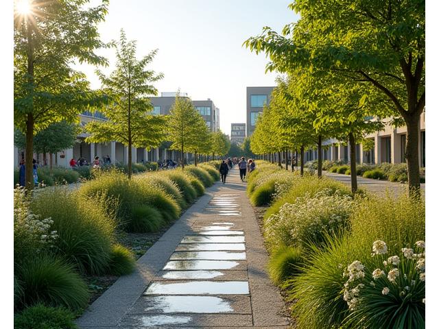 Community park featuring sustainable landscaping, permeable pavements, and a small bioswale
