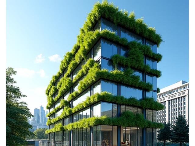 Sleek commercial office building with a green facade and smart energy management system displays