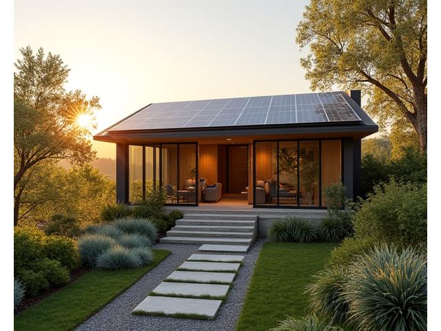 Modern net-zero energy residential building with integrated solar roof and green garden