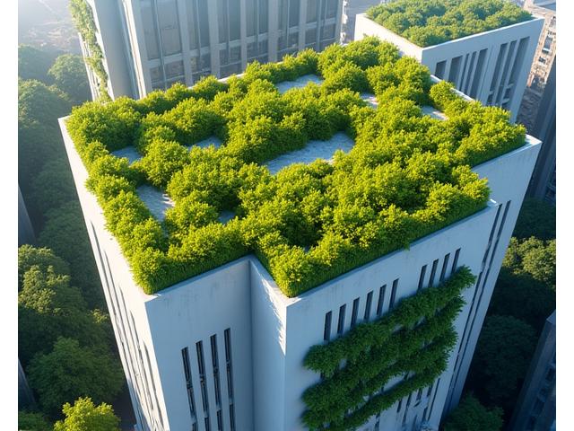 Modern building with a vibrant green roof and visible rainwater harvesting system