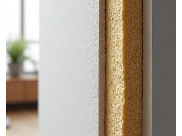Cross-section of an insulated wall showing layers of sustainable insulation materials
