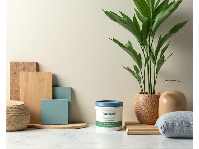 Samples of eco-friendly building materials like recycled wood, bamboo, and low-VOC paints