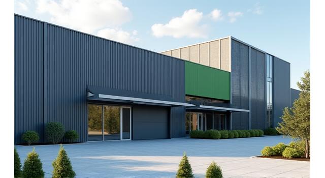 Large, modern industrial facility with solar panels on the roof and efficient design