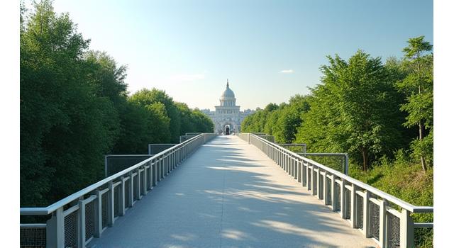 Modern bridge connecting two cityscapes, with efficient lighting and durable construction