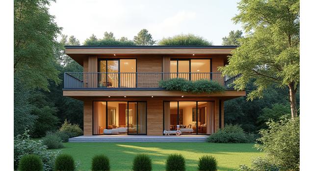 Modern eco-friendly residential community featuring passive house designs and green spaces