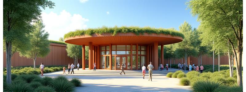 Modern community center building with large open spaces and integrated green roofing