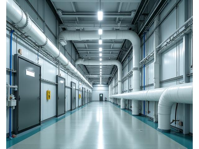 Insulated large-diameter industrial ductwork snaking through a facility ceiling, focusing on complex pathways