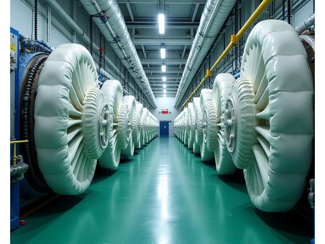 View of large, insulated turbines within a power plant, highlighting scale and complexity