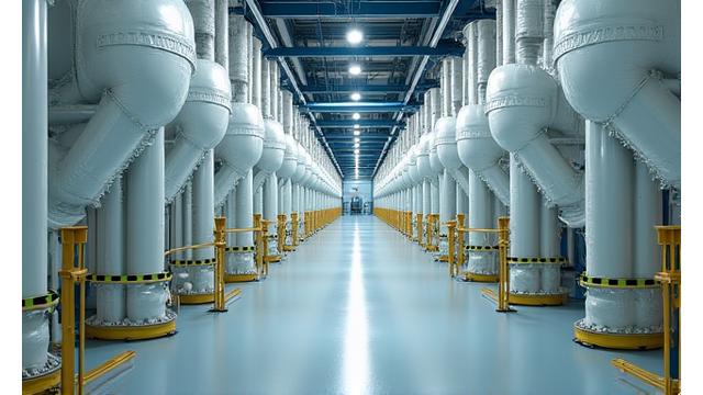 Large, highly reflective thermal insulation applied to a complex network of pipes in a chemical manufacturing plant
