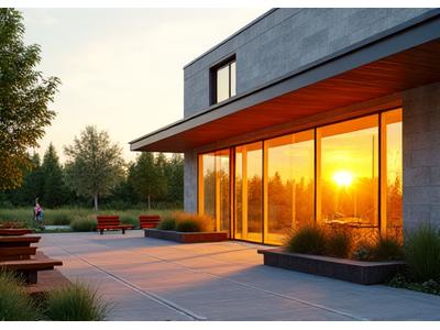 A modern, inviting community center building with large windows and green spaces, symbolizing civic infrastructure development.