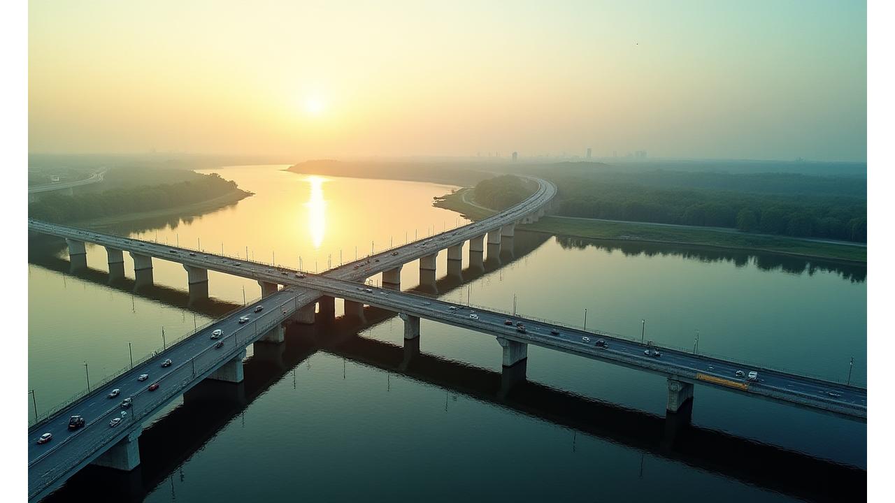 Aerial view of a modern bridge under construction, reflecting in calm water at sunset, symbolizing community connection and AkquiVest's expertise in infrastructure delivery.
