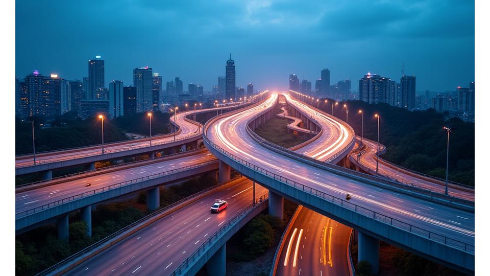 Modern multi-lane highway overpass with smooth curves and sparse traffic at dusk, connecting different parts of a city.