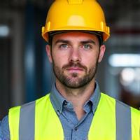 Illustration of a worker wearing full safety gear and helmet, looking confidently at a construction site, emphasizing safety protocols.