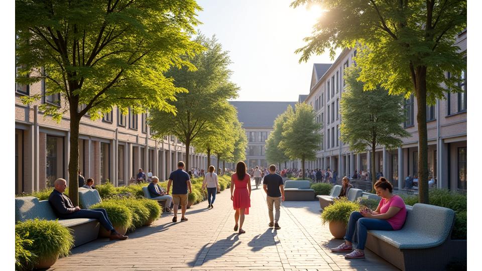 Vibrant, pedestrian-friendly town square with modern seating, trees, and public art, bustling with people enjoying the space.