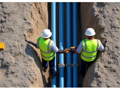 Underground pipes and cables being installed in a trench with workers in safety gear, illustrating utility development for essential services.