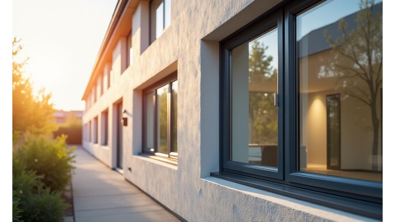 Modern AkquiVest Passive House building facade showing excellent insulation and large, efficient windows with a certification badge overlay.
