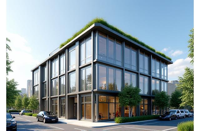 Sleek, multi-story commercial Passive House building with sun shades and a vibrant green roof, demonstrating urban sustainability.