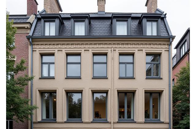 Exterior of a tastefully renovated historic building, now Passive House certified, blending old charm with new energy efficiency.