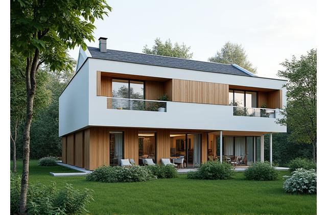 Exterior view of a modern residential Passive House with large south-facing windows and light-colored facade, showing a green garden.