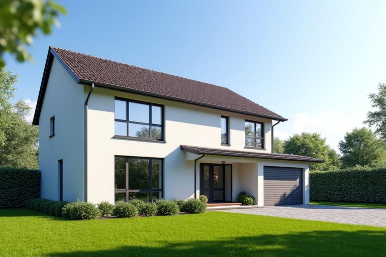 Exterior of a sleek, modern family home with large windows and a garden