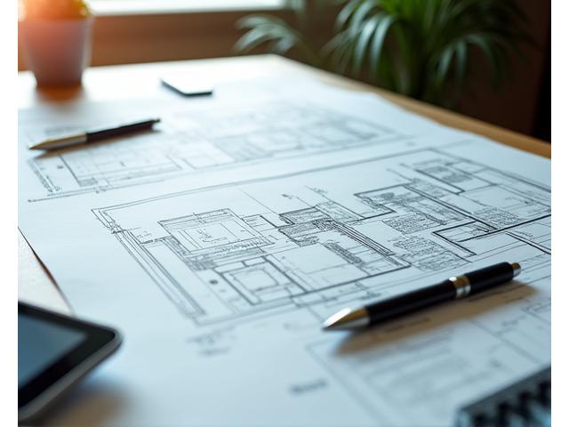 Architectural drawing of a modern custom home on a large blueprint