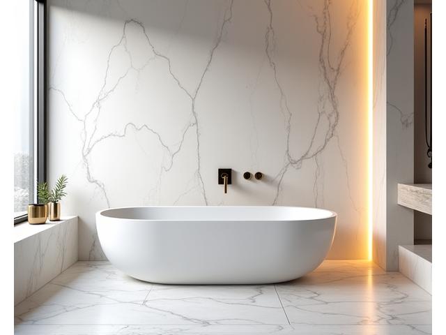 Luxury bathroom with marble finishes and a freestanding bathtub