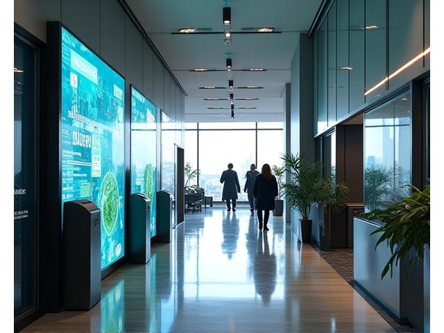 Modern commercial office building lobby with interactive digital displays and smart access control points