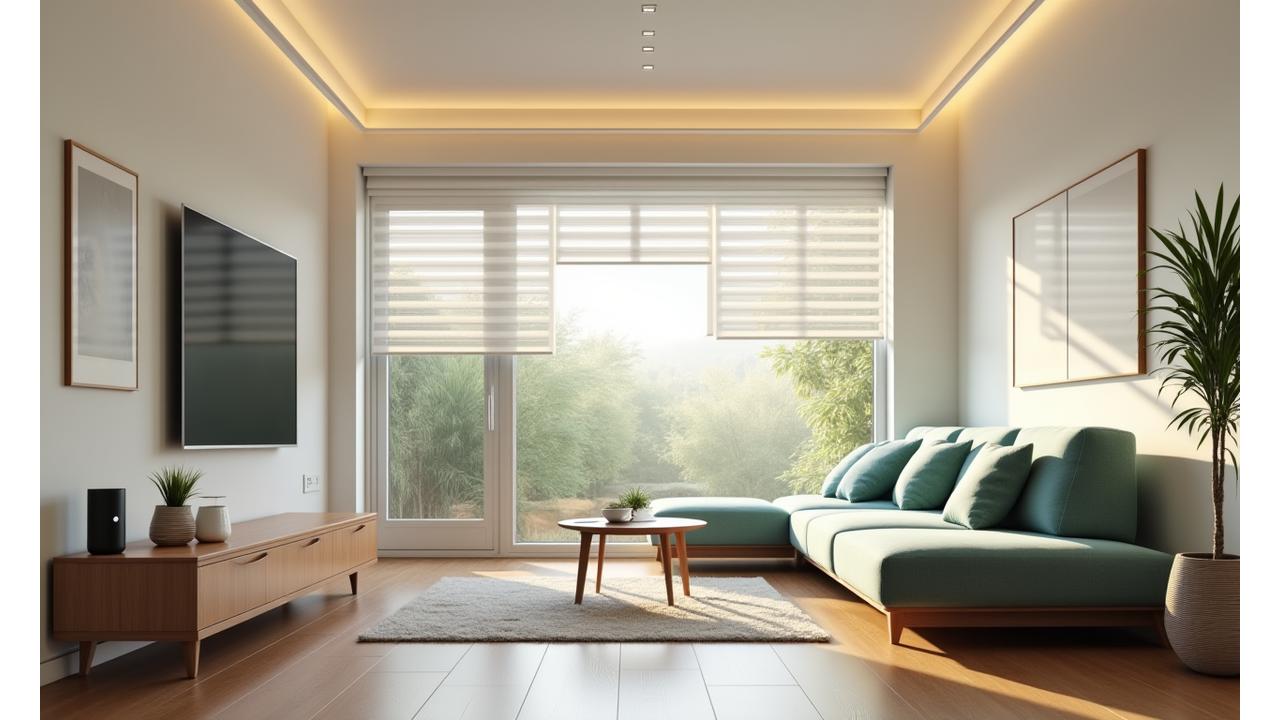 Modern living room with integrated smart home technology, featuring voice assistant, subtle smart lighting, and automated blinds