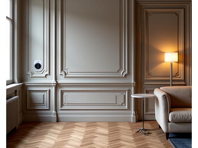 Renovated historic Berlin apartment interior with discrete smart home devices like hidden speakers and subtle lighting