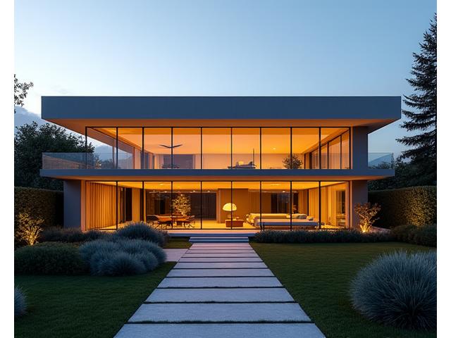 Sleek modern residence with large windows, showing smart lighting and automated blinds at dusk