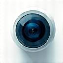 Smart home security camera icon or stylized illustration, showing a protective shield