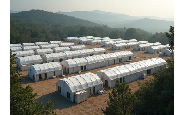 Series of uniform temporary housing units in an organized aid camp