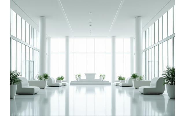 Elegant white corporate event pavilion with glass walls and professional interior setup