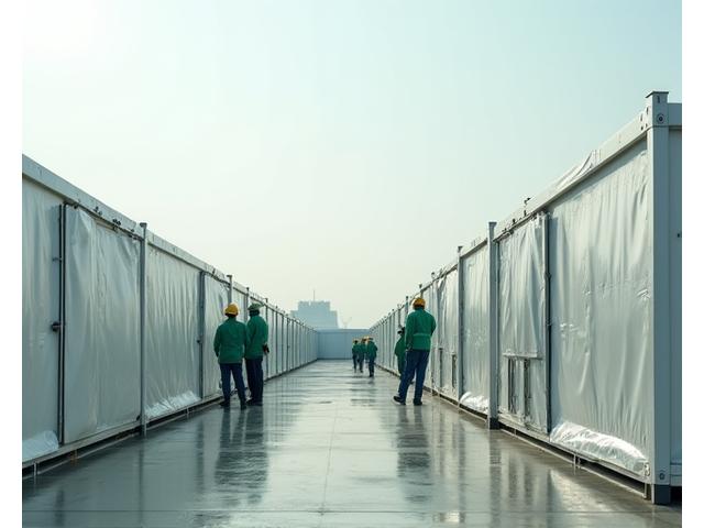 Emergency response team setting up a temporary shelter tent in a humanitarian aid camp