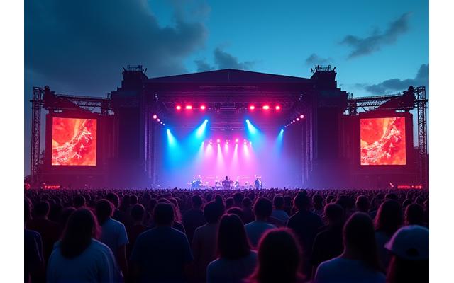 Massive outdoor festival stage illuminated by colorful lights at dusk