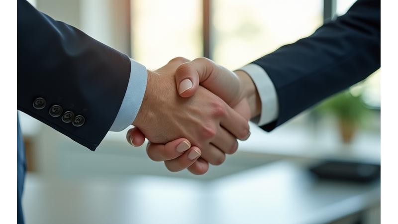 Professional handshake between two individuals in front of a blue background