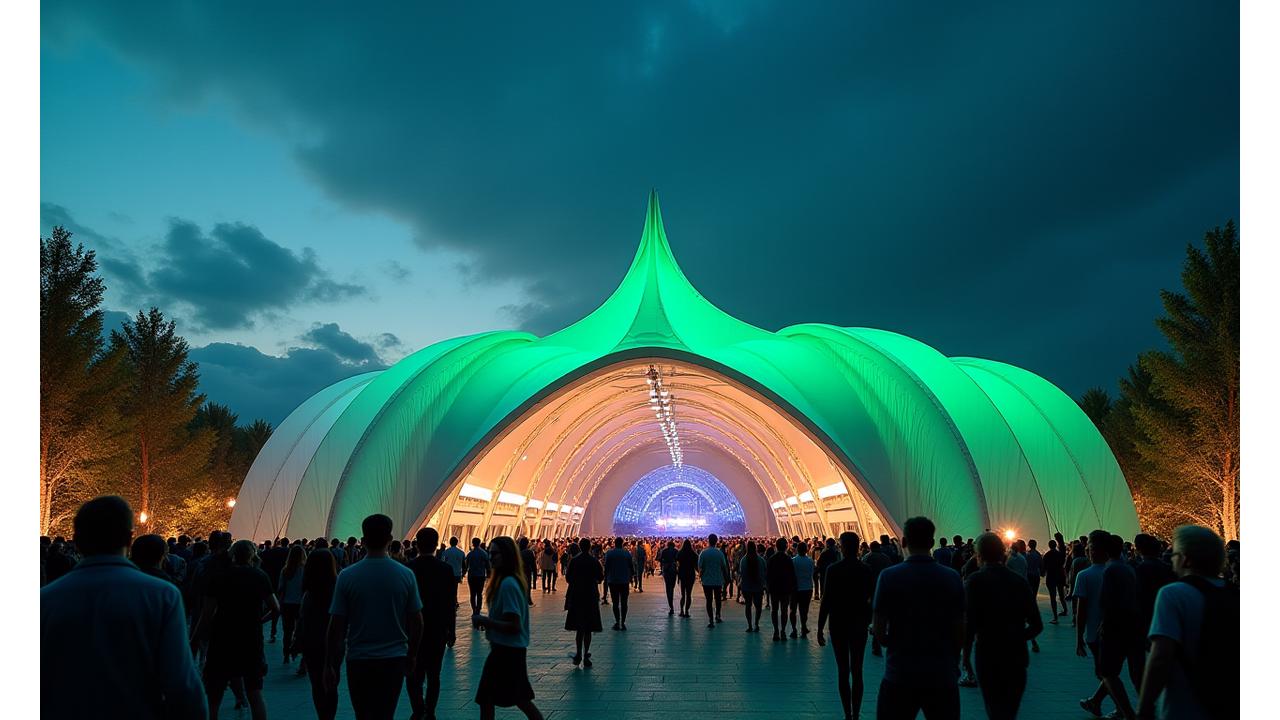 Large, modern temporary event structure with crowd and vibrant lighting