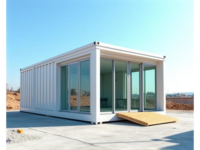 Temporary construction site office manufactured from modular containers with a small ramp