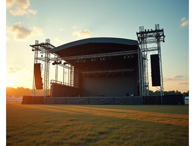 Large outdoor concert stage with lighting trusses and sound equipment