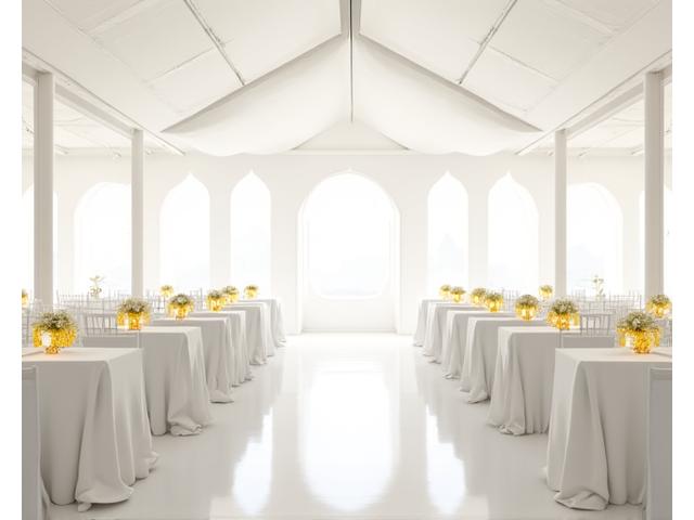 Elegant white temporary tent set up for a corporate event with tables and chairs inside