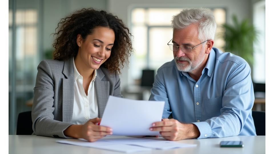 Illustration of a client and construction expert discussing documents, symbolizing clear communication and shared understanding.