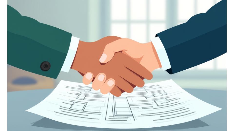 Illustration of a handshake over a blueprint, symbolizing agreement and transparency.